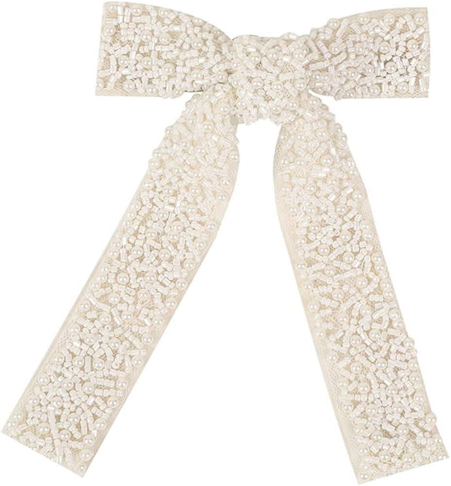 White Full Pearls Hairclip Bows Ribbon Barrette Girls Bow Hairpins Wedding Hair Accessories Hair ... | Amazon (US)