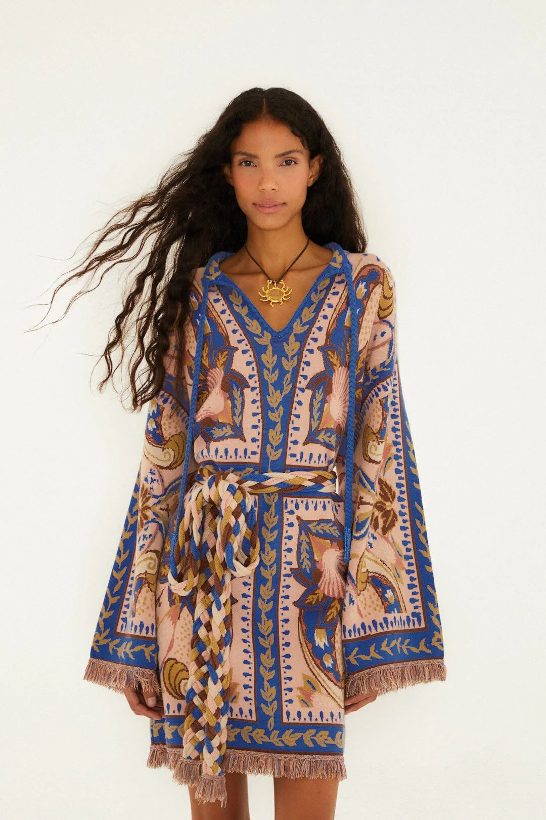 Blue Sea Garden Scarf Tassels Knit Mini Dress | FARM Rio | FarmRio (US)