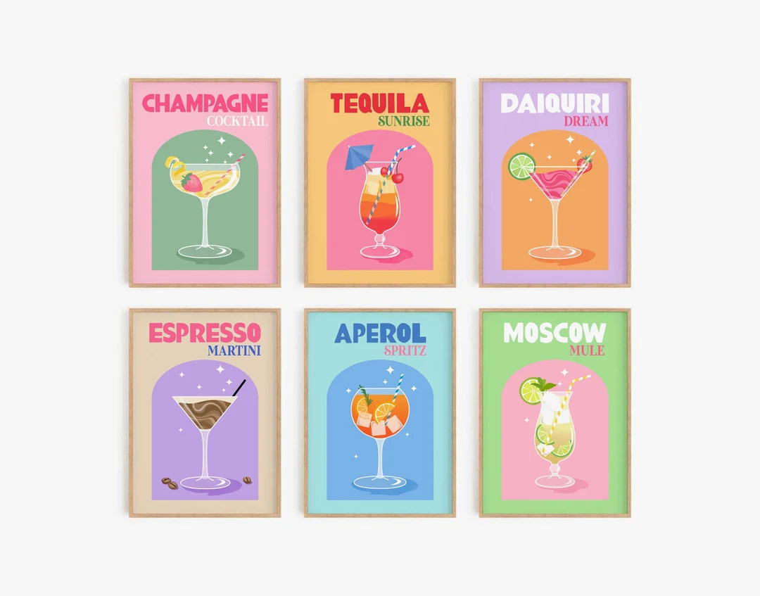 Cocktail Print Set of 6, Colorful Bar Cart Gallery Wall Set, DIGITAL DOWNLOAD, Retro Cocktail Pos... | Etsy (US)