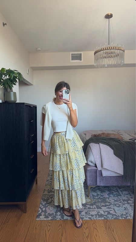 capsule wardrobe outfits! floral yellow, matching set tiered skirt and puff sleeve top Italy, vacation outfits wearing my usual smalls/ 26 white linen pants: 26 long i'm 5'4" electric picks: use code emerson20

#LTKtravel #LTKworkwear #LTKfindsunder100
