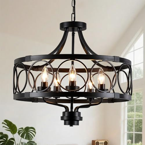 20" Black Farmhouse Chandelier for Dining Room, 5-Light Rustic Metal Chandeliers, Modern Drum Light Fixture, Adjustable Industrial Pendant Hanging Lighting for Kitchen, Entryway, Bedroom, Foyer, E12 | Amazon (US)