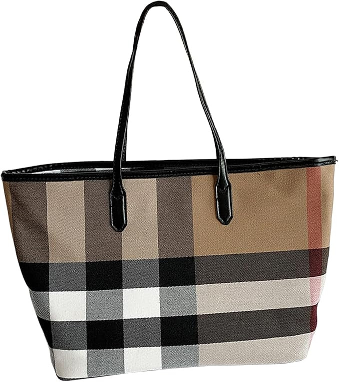 Plaid Canvas Women's Tote Aag Large Capacity Fashion Spacious Satchel Leisure Beach Bag | Amazon (US)