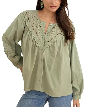 Dqbeng Women's Eyelet Blouses Casual Lace Embroidered Tops Long Puff Sleeve Button Down Boho Shir... | Amazon (US)