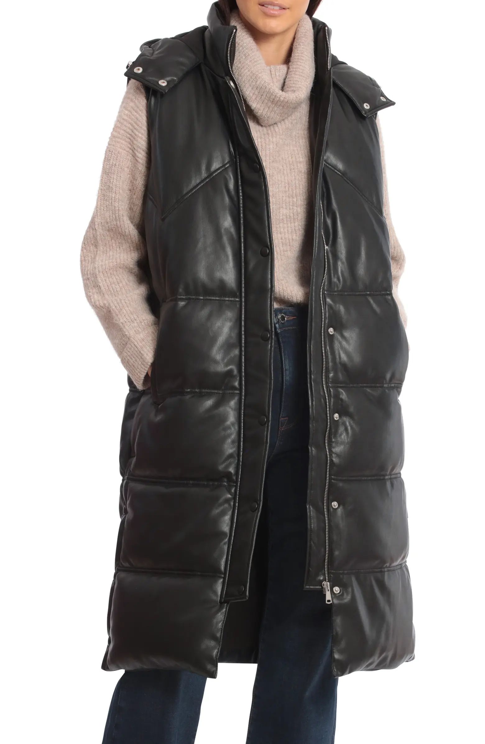 Thermalpuff™ Longline Hooded Faux Leather Puffer Vest | Nordstrom