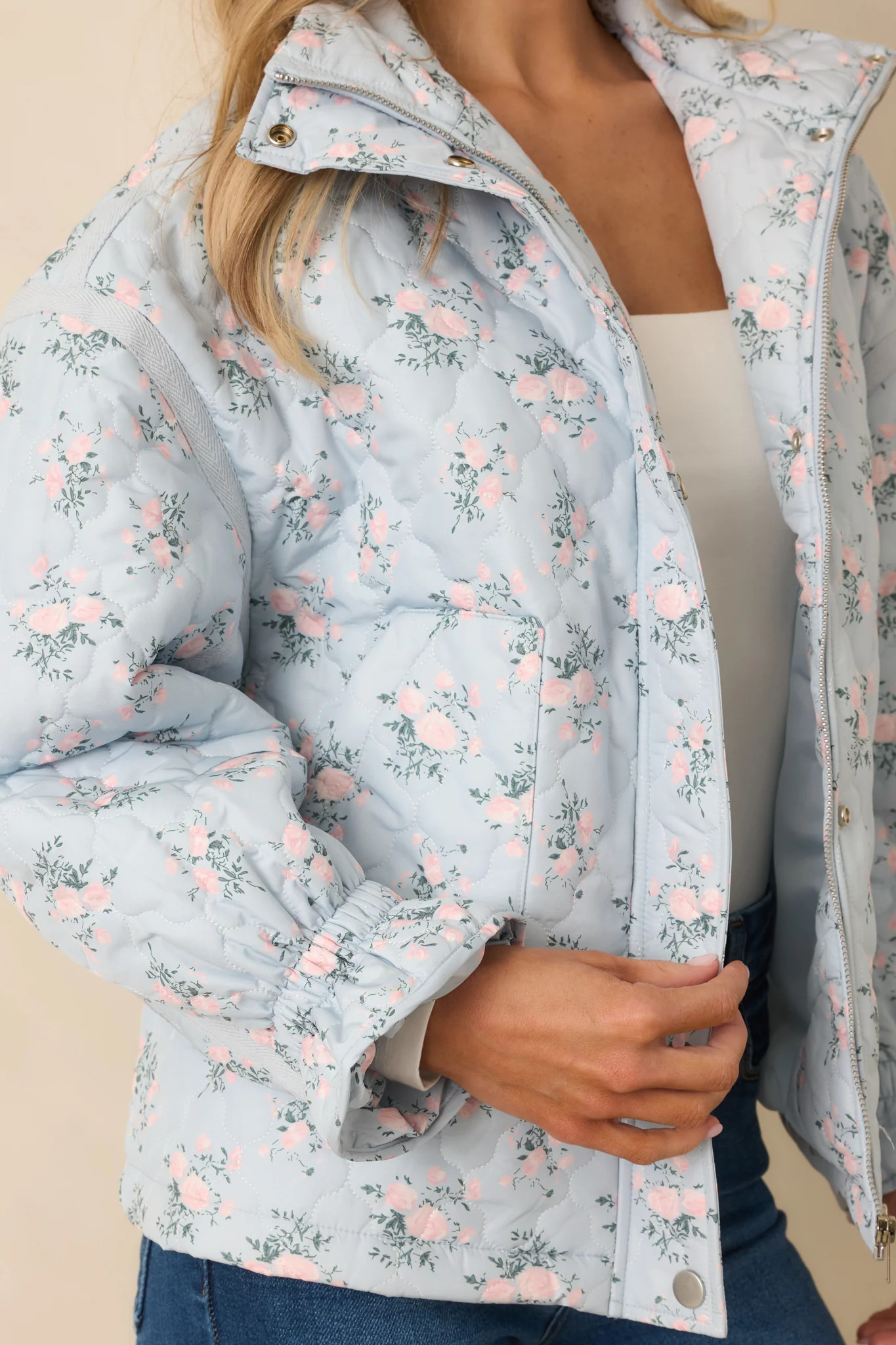 Simply Yours Blue Multi Floral Pattern Quilted Jacket | Red Dress