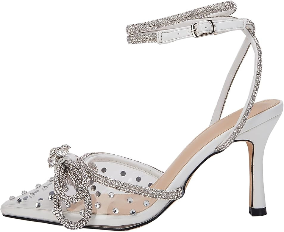 VETASTE Women's Double Bow Pointed Toe Ankle Strap Crystal Pumps Wedding Bridal Party Stilettos Back | Amazon (US)