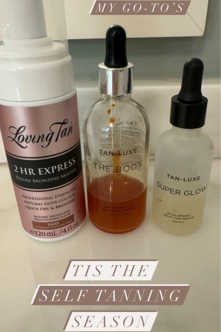 self tanner / sunless tanner
apply loving tan with a mit
Tan luxe body you mix into lotion and I apply with my hands 
Super glow is for face, again mix into a face serum or lotion and apply 

#LTKSwim #LTKTravel #LTKBeauty