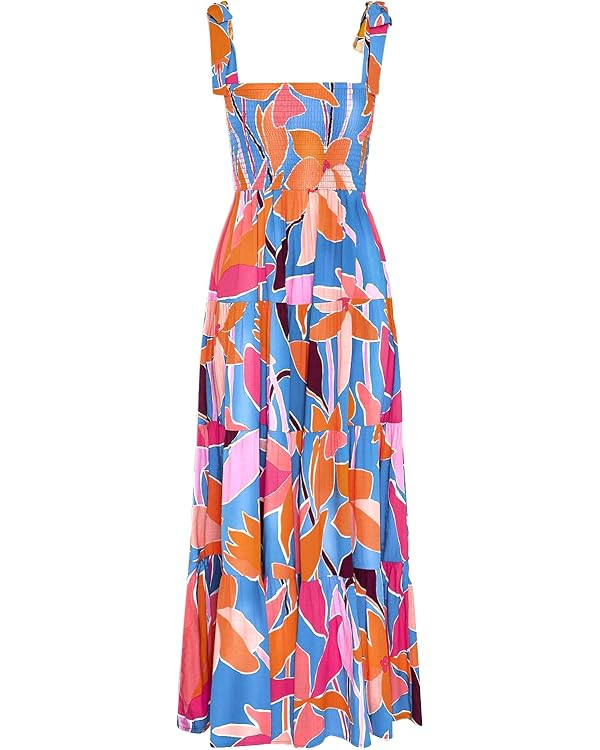 kinstell Women's Summer Boho Spaghetti Strap Square Neck Ruffle Casual Flowy Long Dress Beach Swi... | Amazon (US)