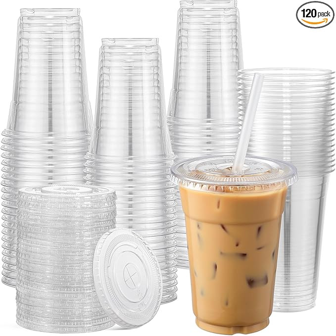 AOZITA 120 Sets - 20 oz Clear Plastic Cups with Lids, Disposable Cups With Straw Slot Lids for Co... | Amazon (US)