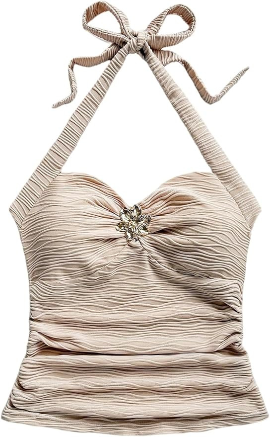 SOLY HUX Women's V Neck Halter Tops Open Back Y2k Ruched Floral Metal Summer Going Out Cami Tops | Amazon (US)