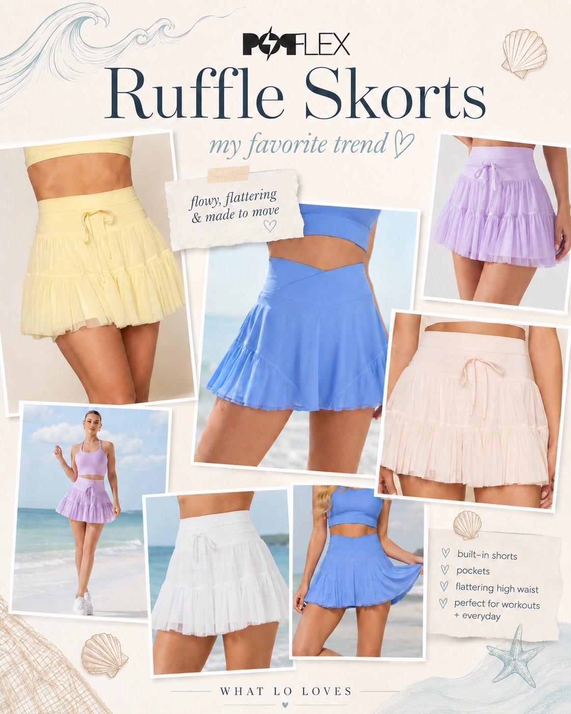 Ruffle skorts are one of my favorite trends!!! 

These @POPFLEX  styles are flowy, flattering, and so easy to wear for walks, workouts, errands, travel days, or everyday cute athleisure. 

I LOVE that they have built-in shorts, pockets, and the prettiest soft coastal colors for summer!!  🌊✨ #popflex #ruffleskort 

Linking my favorites below! ⬇️🐬🐚💞

#LTKActive #LTKSeasonal #LTKootd