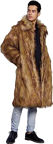 UMREN Mens Faux Fur Coat Long Black Jacket Warm Furry Overcoat Outwear (Small, A-Brown) | Amazon (US)