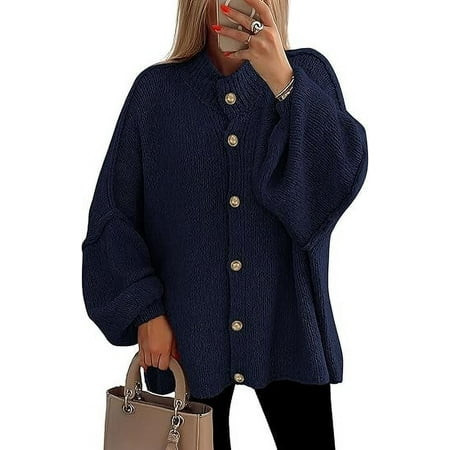 PRETTYGARDEN Women's Winter Button Down Cardigan Sweaters Mock Neck Lantern Long Sleeve Chunky Knit Jacket Trendy Outerwear | Walmart (US)