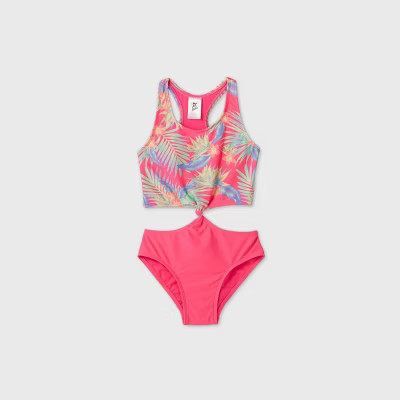 Girls' Palm Leaf Tie-Front One Piece Swimsuit - art class™ Pink | Target