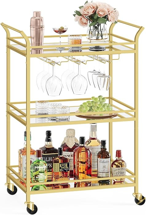 VASAGLE Bar Cart Gold, Small Home Bar Serving Cart with 3-Tier Mirrored Shelf, Wine Holders, Glas... | Amazon (US)