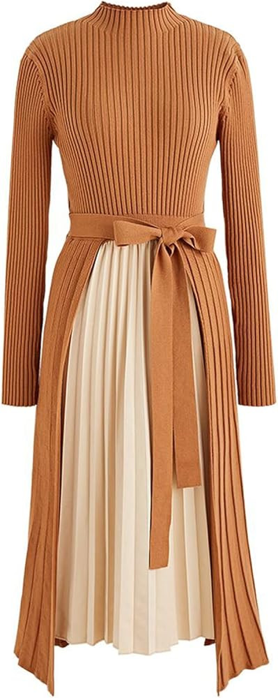 CHICWISH Women's Black/Dark Green/Caramel/Cream/Violet Front Pleats Splicing Belted Hi-Lo Knit Mi... | Amazon (US)