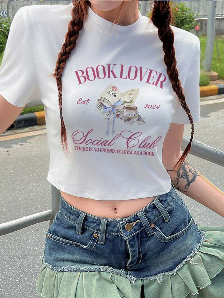 SHEIN EZwear Printed Crop Tee For Women With Books And Slogan Pattern | SHEIN
