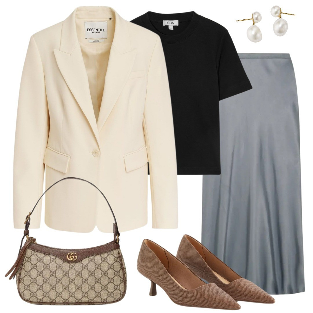 Blazer styling, black t-shirt, slip skirt, satin skirt, pumps, designer bag, office look 

#LTKworkwear #LTKshoecrush #LTKstyletip