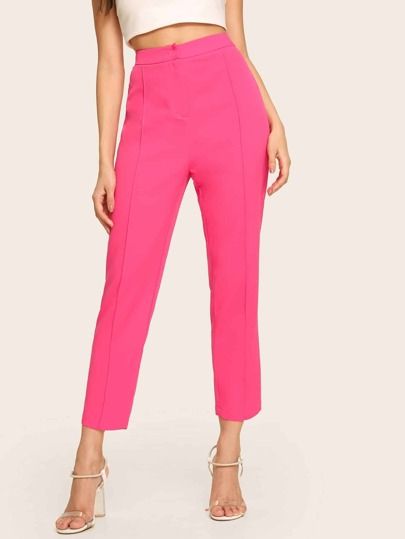 SHEIN Neon Pink Seam Front Tapered Crop Pants | SHEIN