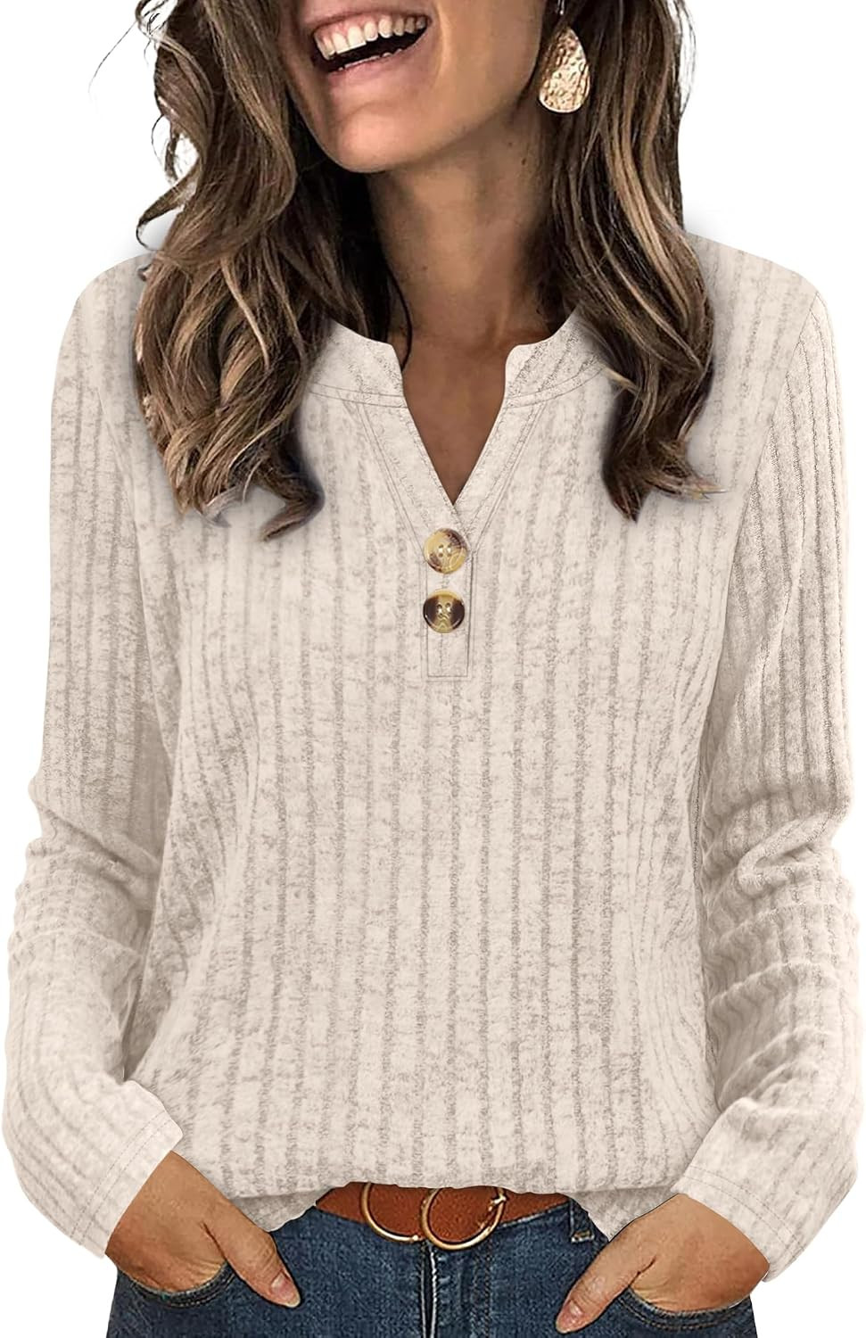SAMPEEL Womens Sweaters Lightweight Long Sleeve Shirts V Neck Tops with Button Fall Outfits 2025 | Amazon (US)
