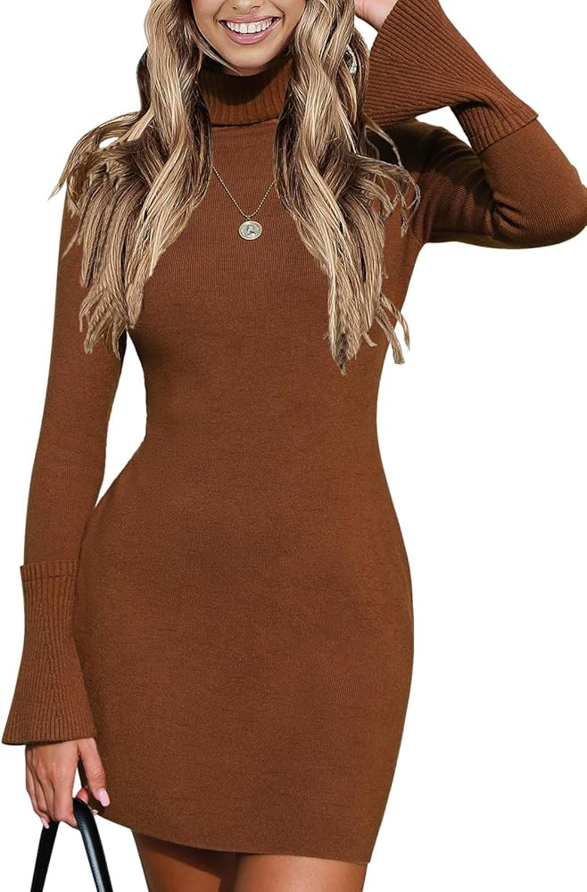 EXLURA Women Sweater Dress Fall Winter Bell Long Sleeve Mini Dresses Turtleneck Pullover Ribbed K... | Amazon (US)