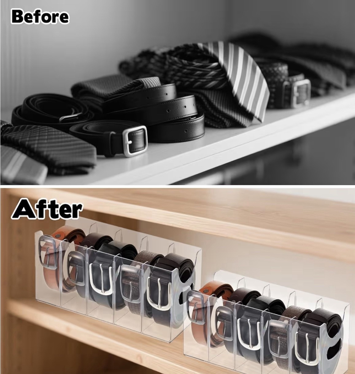 Amazon great find.
3 Pack Acrylic Belt Organizer Clear Stackable Belt Storage Holder Purse Organizer for Closet - 5 Compartments with Removable Dividers,Display Case Pantry Cabinet Organizers for Ties,Socks,Underwear

#LTKHome