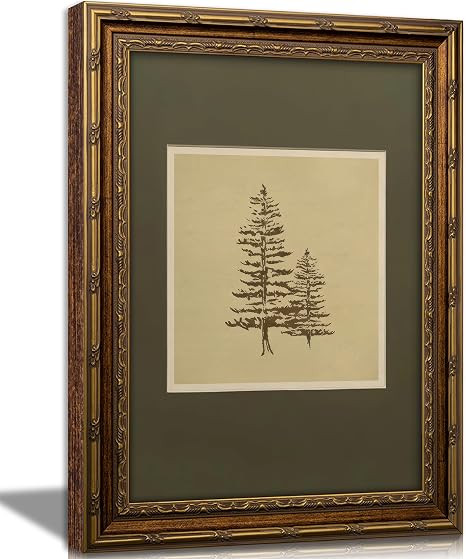 Vintage Gold Framed Wall Art Sketch Pine Trees Canvas Wall Decor Featuring Green Background and G... | Amazon (US)