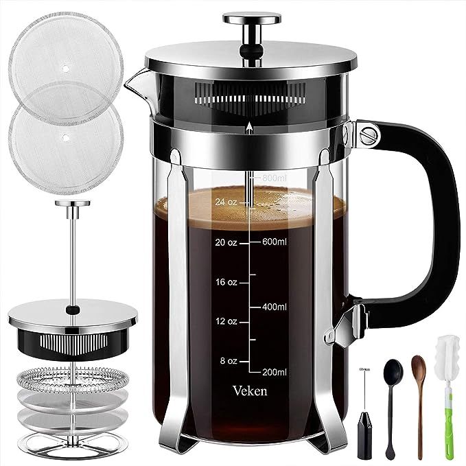 Veken French Press Coffee Maker (34 oz), 304 Stainless Steel Coffee Press with 4 Filter Screens, ... | Amazon (US)