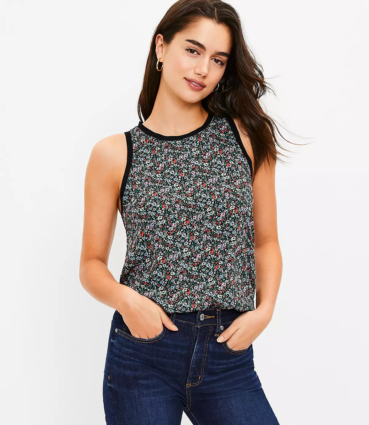 Floral Rib Trim Mixed Media Tank Top | LOFT | LOFT