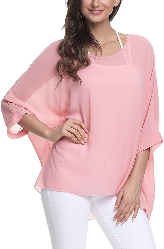 Ckikiou Plus Size Batwing Flowy Semi Sheer Chiffon Blouse Tunic for Women Summer Floral Print Boh... | Amazon (US)