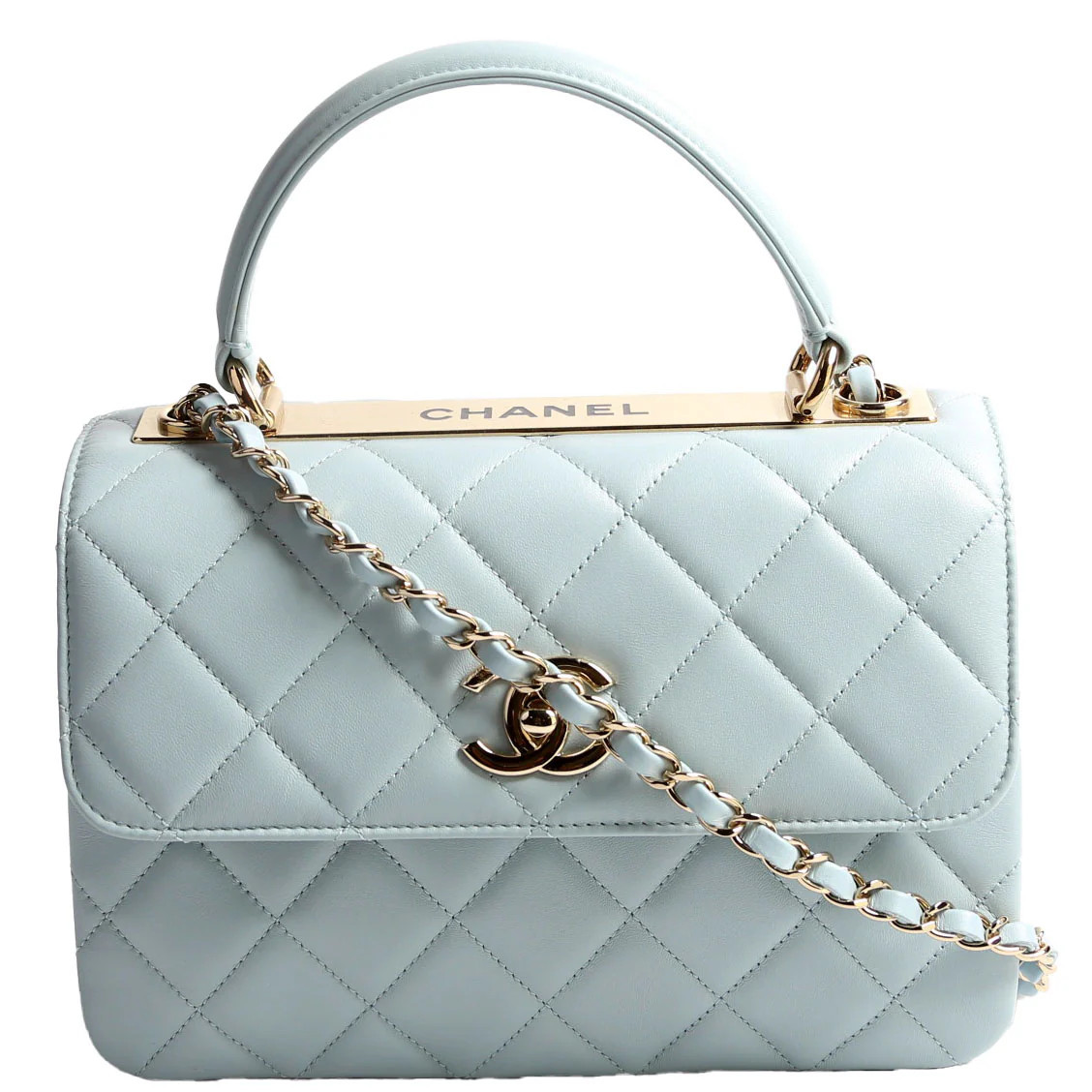 Trendy CC Quilted Lambskin Dual Handle Small RFID Light Blue | Keeks Designer Handbags
