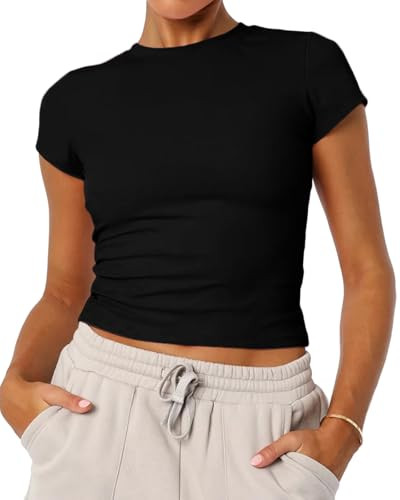 Women's Basic Summer Short Sleeve Crewneck T-Shirts Y2K Cute Going Out Tops Baby Tee(Black,Large) | Amazon (US)