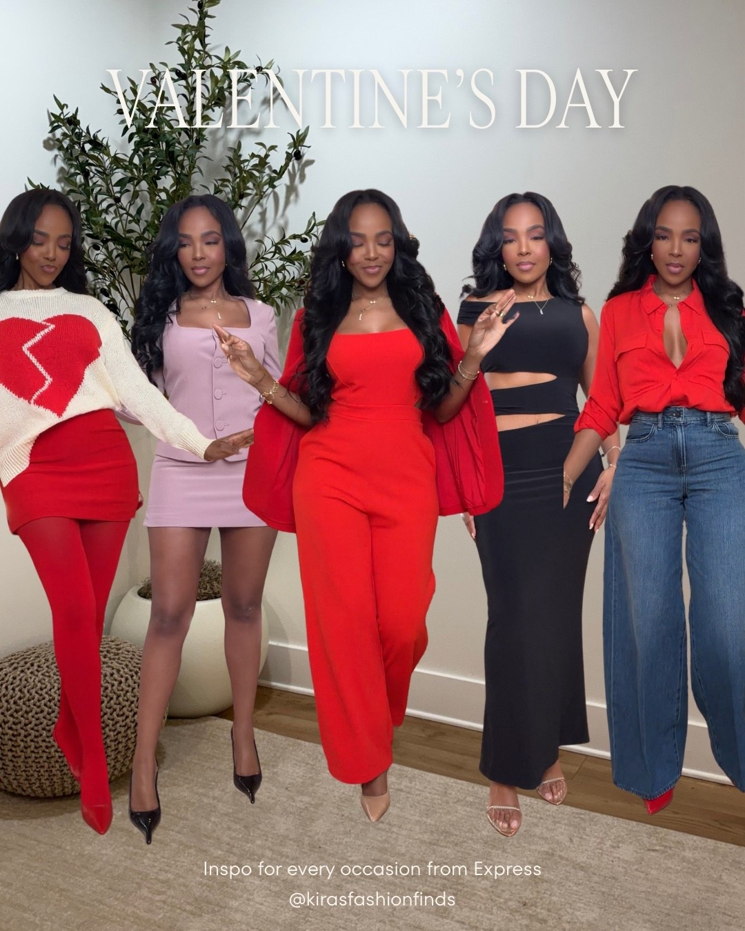 These are my Valentine’s Day looks from Express, styled for real life — not just one night, but outfits you can keep wearing long after Valentine’s Day is over.

I wanted a mix of classic red, soft pink, and timeless black, with silhouettes that feel flattering, comfortable, and effortless.

Here’s how I’d style and wear each look:
	•	❤️ Red sweater + skirt set → cozy Valentine’s Day, casual date, dinner at home
	•	💗 Pink mini dress → brunch dates, daytime plans, Galentine’s celebrations
	•	🔥 Red jumpsuit → date night, Valentine’s dinner, special occasions
	•	🖤 Black cut-out dress → dinner reservations, night out, cocktail plans
	•	👖 Red top + wide-leg denim → casual Valentine’s, lunch dates, everyday chic

These pieces are easy to dress up or down with heels, boots, or flats — and every item works beyond Valentine’s Day.

Size small I’m 5’4 | 140lbs | 36D -27 -40  IG & YT: kirasfashionfinds TT: kiraabboud 

✨ Everything from these looks is linked below
✨ If an item opens in a different color, still click it — that means the same silhouette is available in multiple colors.

@express #dresstoexpress #expresspartner 

#LTKPetite