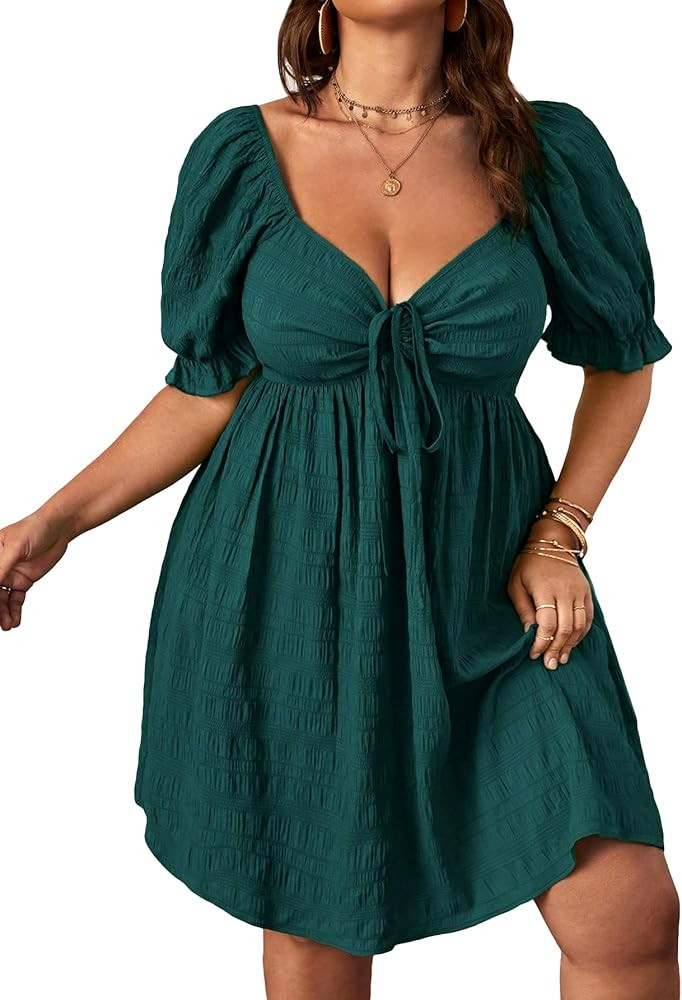 SOLY HUX Womens Plus Size Summer Dresses Sweetheart Neck Puff Short Sleeve Tie Swing A Line Midi ... | Amazon (US)