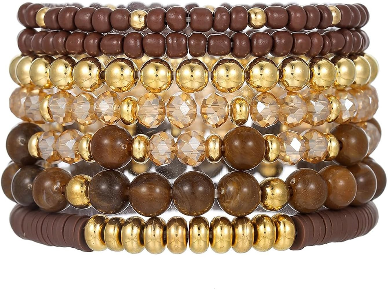 Caiyao Bohemia Multilayer Stackable Crystal Beaded Bracelets Set Colorful Surfer Heishi Clay Gold... | Amazon (US)