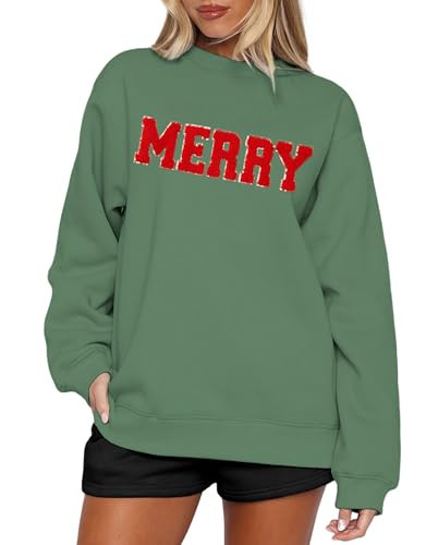 SANIXJOO Merry Sweatshirts for Women Christmas Crewneck Fleece Lined Sweaters Chenille Sequin Letter Pullover Tops(Green,Small) | Amazon (US)