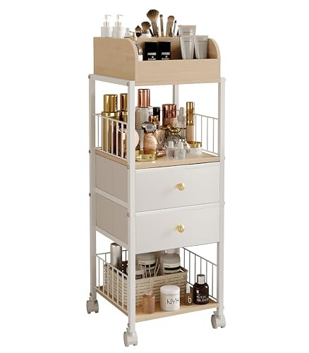 Floor Makeup Organizer Storage Cart - Rolling Makeup Cart with Drawers, Skincare Make Up Organizers and Storage, Cosmetics Display Cases Holder for Skin Care Nail Polish Perfume Makeup Brush (White) | Amazon (US)