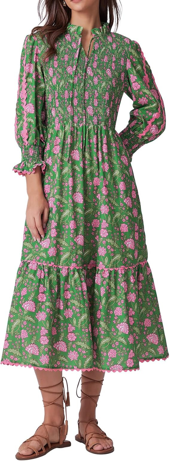 Kedera Women's Summer Boho Floral Midi Dress 2026 Casual Long Sleeve V Neck Flowy Beach Vacation ... | Amazon (US)