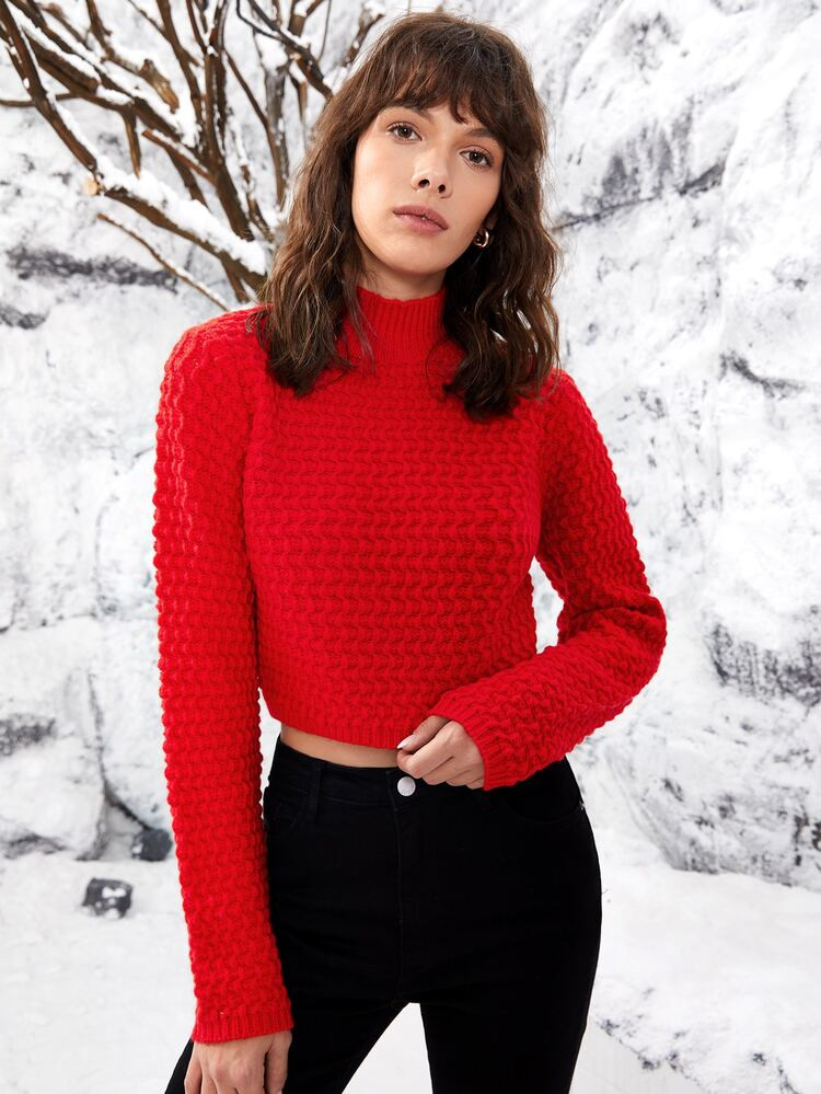 SHEIN Mock Neck Textured Knit Crop Sweater | SHEIN