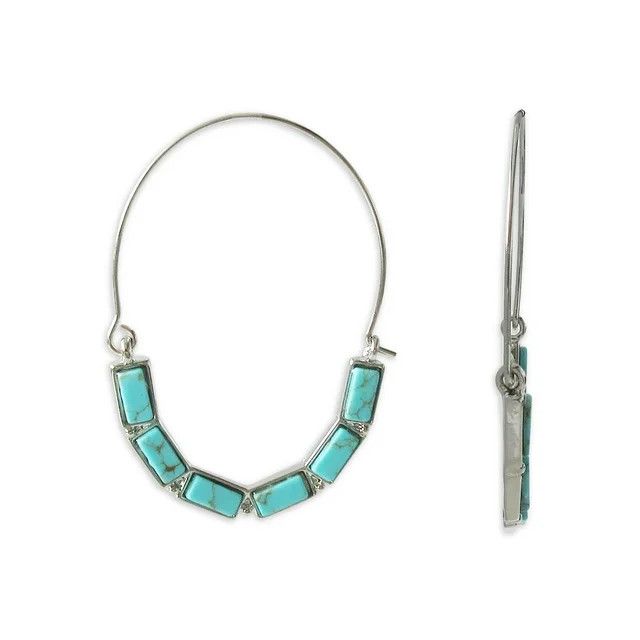 Time and Tru Women's Silver Tone Faux Turquoise Baguette Hoop Earrings | Walmart (US)