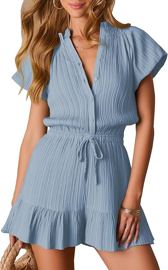 Angashion Womens Summer Shorts Rompers V Neck Puff Sleeve Casual Button Up Wide Leg Elastic Waist... | Amazon (US)