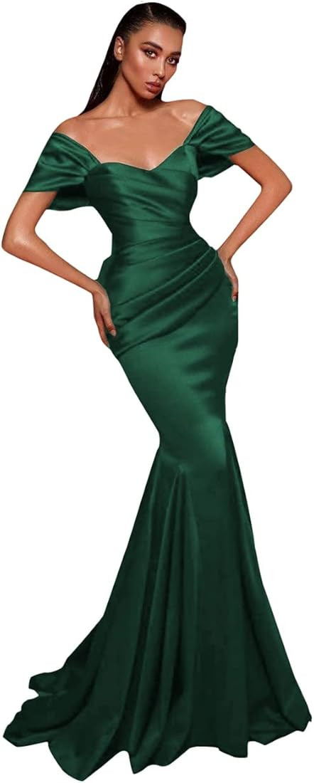 Off The Shoulder Satin Mermaid Prom Dresses for Women Long Ball Gowns A-line Formal Evening Gowns | Amazon (US)
