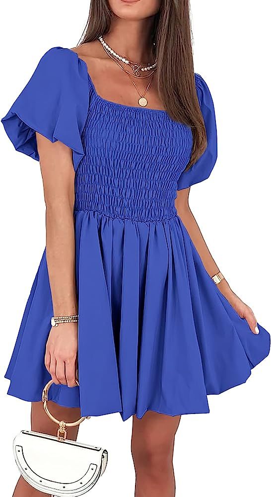 KIRUNDO 2023 Women's Summer Square Neck Smocked Puff Sleeve Mini Dress Off Shoulder Ruffle A-Line... | Amazon (US)