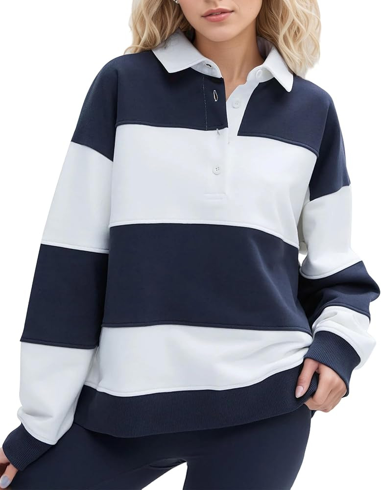 Womens Striped Color Block Polo Sweatshirt Rugby Shirt Oversized Long Sleeve Lapel Corllared Pull... | Amazon (US)