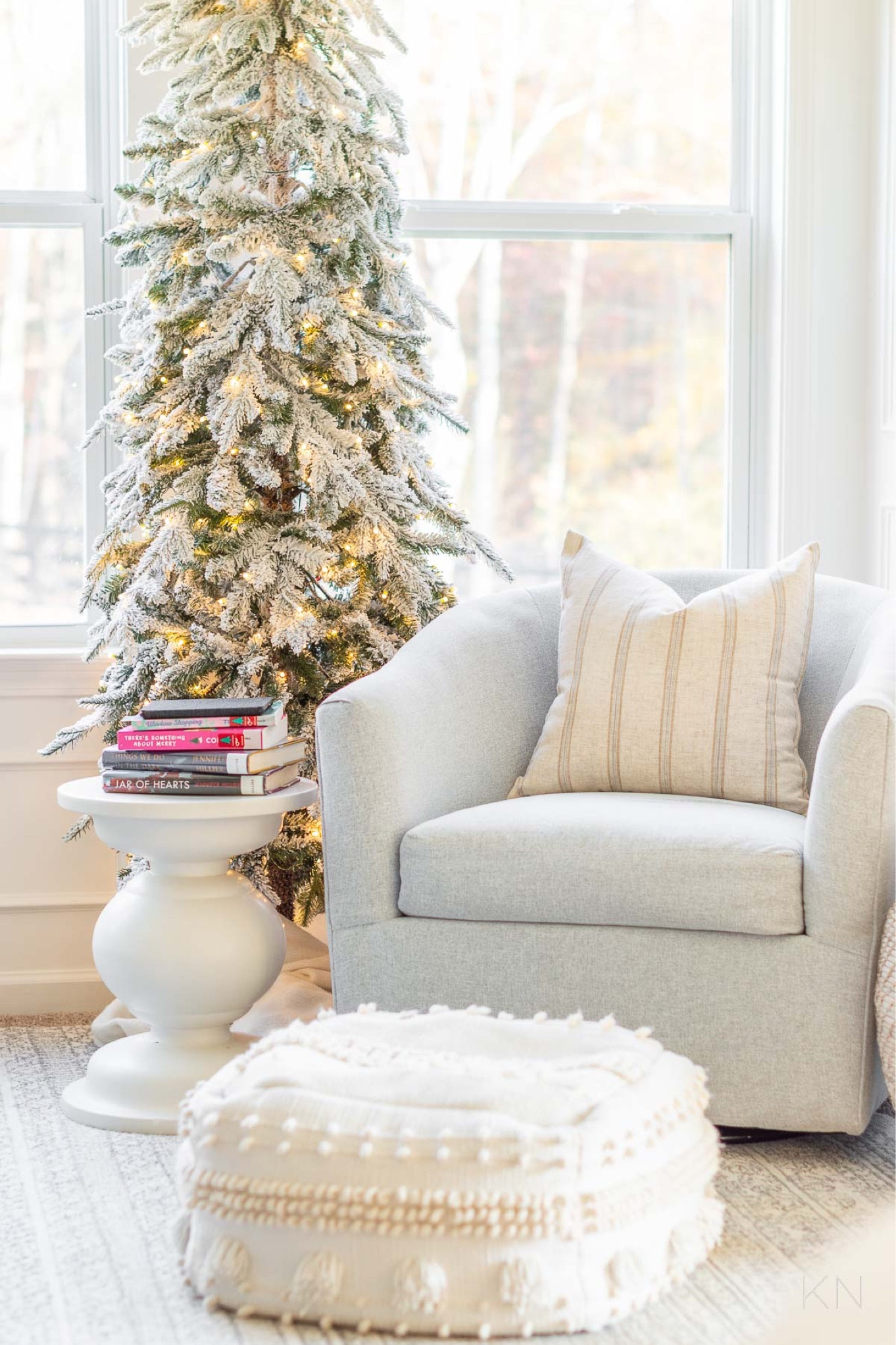 The 7.5’ pre-lit flocked Christmas tree I purchased last year is finally back in stock. I didn’t add any ornaments since it’s so pretty on its own. home decor Christmas decor pencil tree sitting area decor woven pouf storage baskets swivel chair

#LTKSeasonal #LTKStyleTip #LTKHome