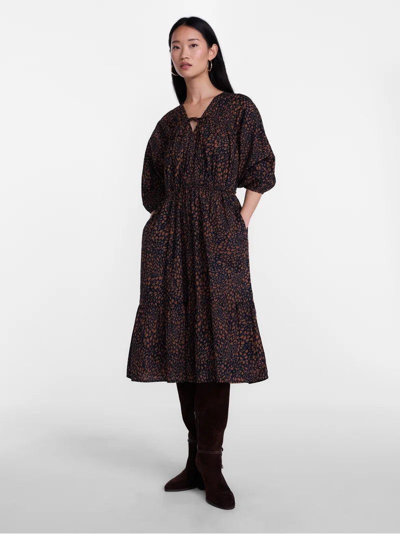 Scenario Women's and Women's Plus Midi Dress with Puff Sleeves, Sizes XS-4X | Walmart (US)