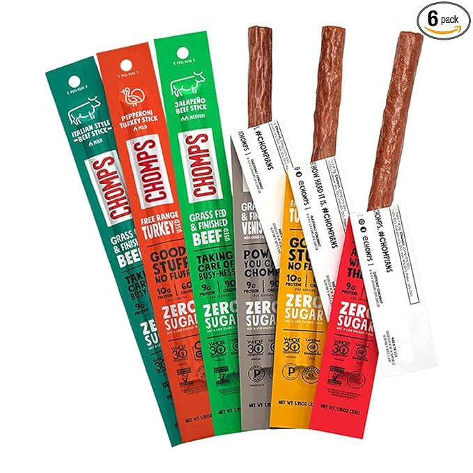 CHOMPS Variety Trial Pack, Grass Fed and Free Range Beef & Turkey Sticks, 6 Flavor Pack - Keto, P... | Amazon (US)
