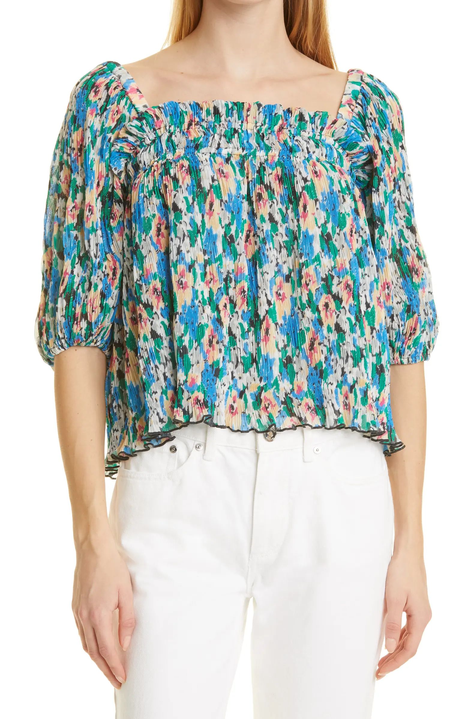 Ganni Floral Print Plissé Smocked Georgette Top | Nordstrom | Nordstrom