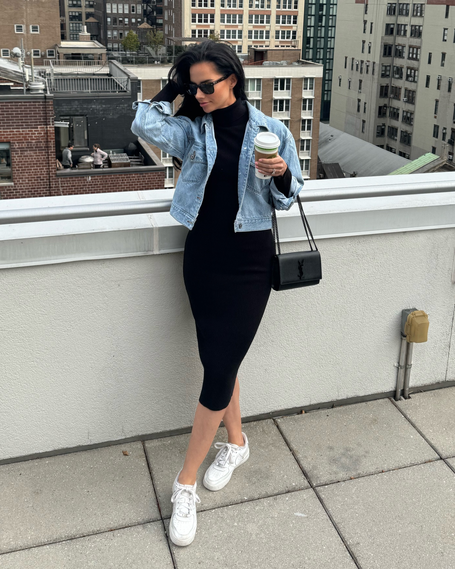 long black dress with denim jacket and sneakers KendallSavani on LTK Bodycon dress