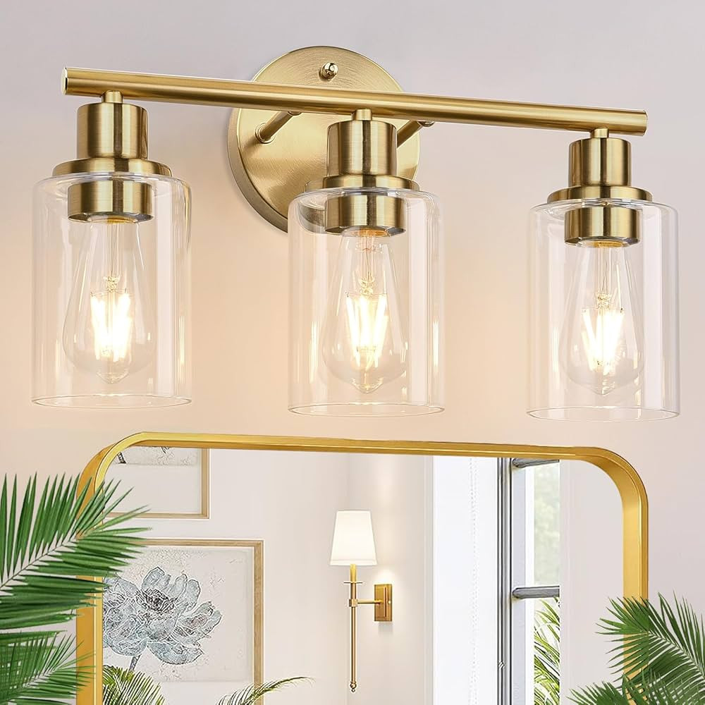 3-Light Gold Bathroom Light Fixtures, Modern Bathroom Vanity Light with Clear Glass Shade, Brushe... | Amazon (US)
